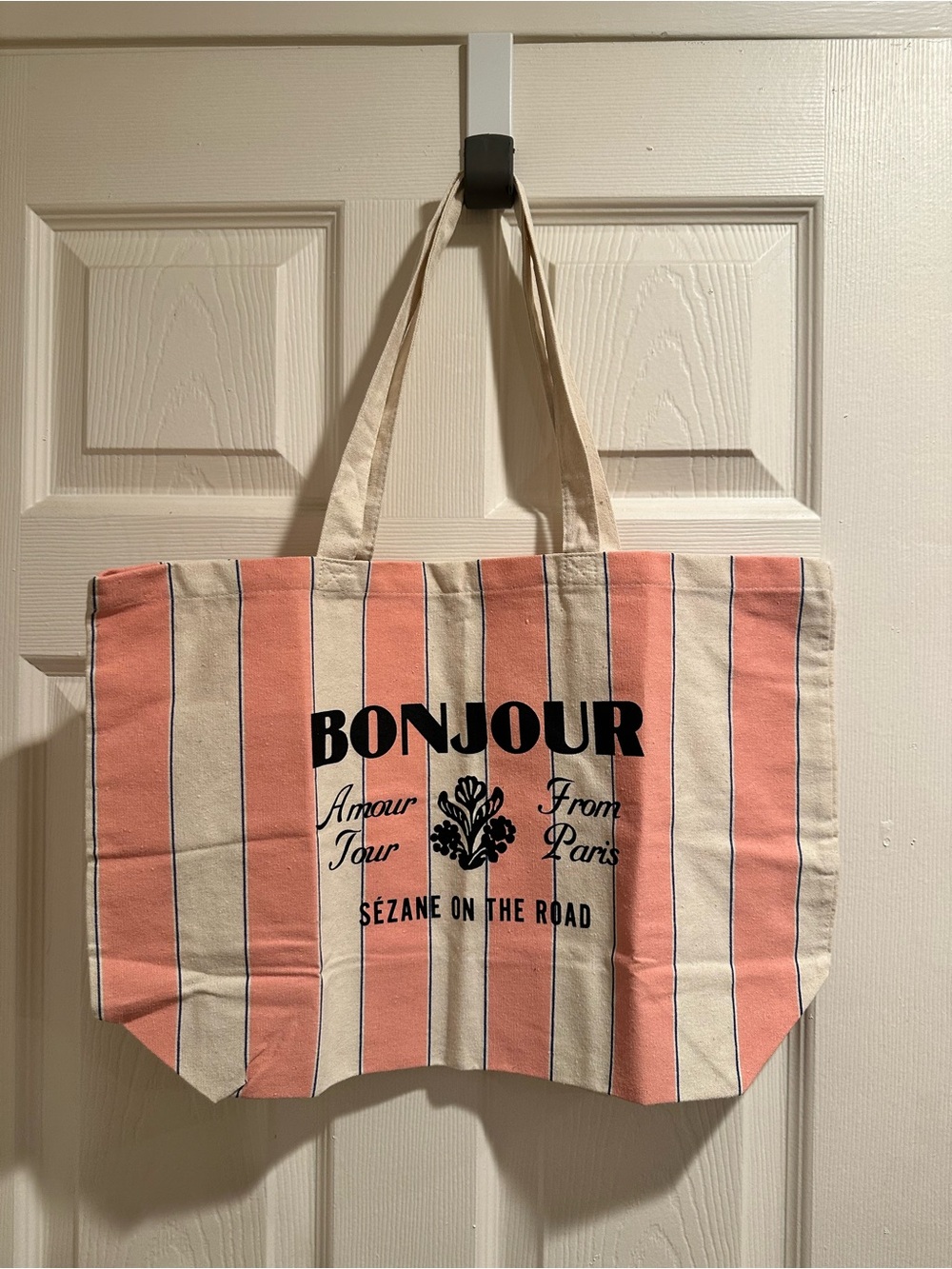 Sezane Tote Bag in Pink and Cream Bonjour Striped Pattern
